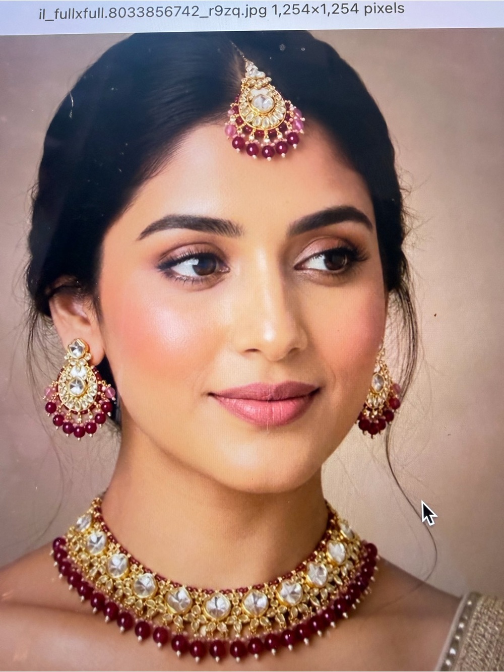 Gold and Maroon Kundan Choker Necklace Earrings and Mang Tikka Set